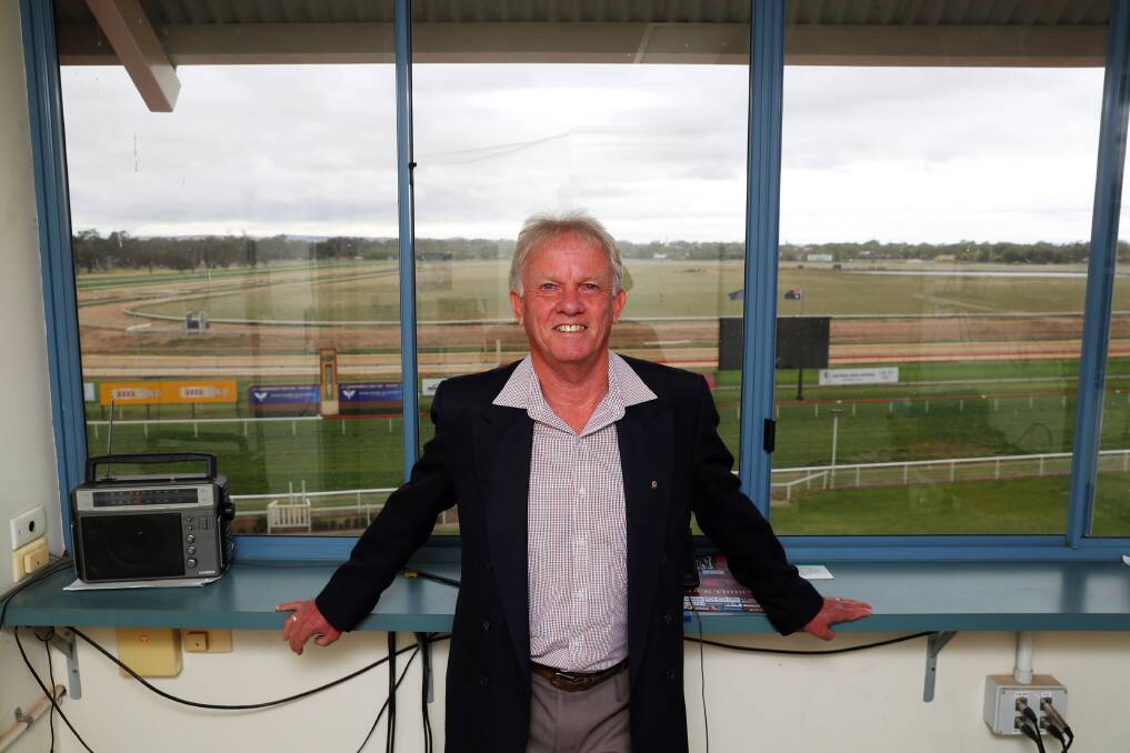 Allan Hull in his caller's box at Wagga. Picture: Emma Hillier