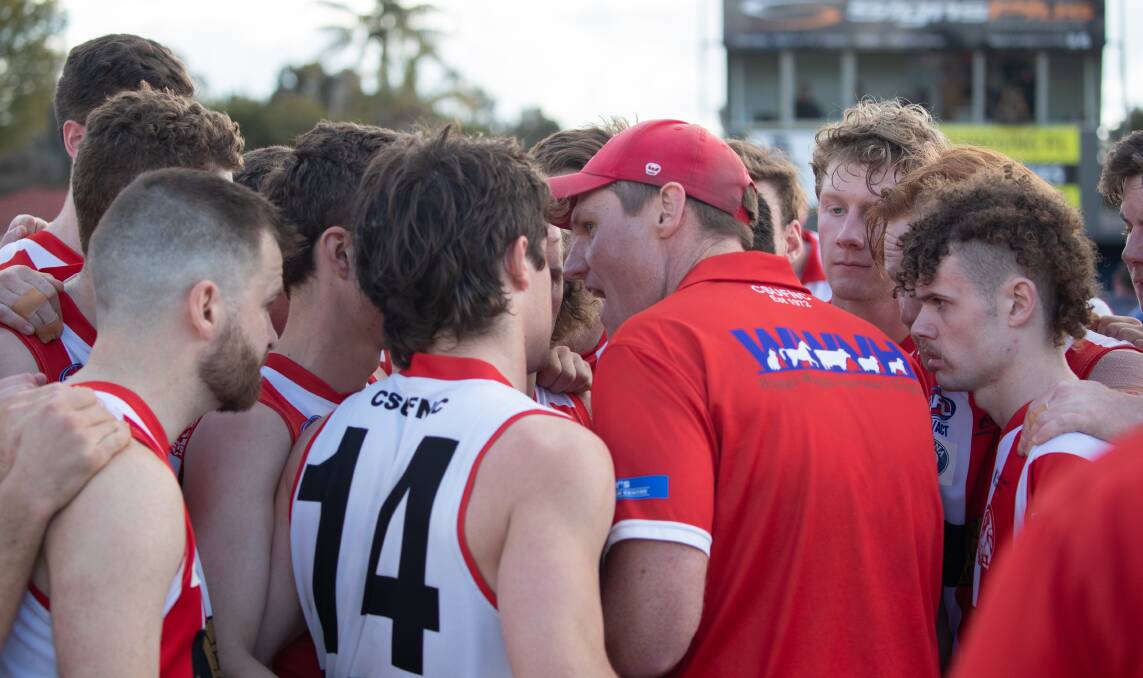 Travis Cohalan addresses the CSU group during their elimination final win last month. Picture by Madeline Begley