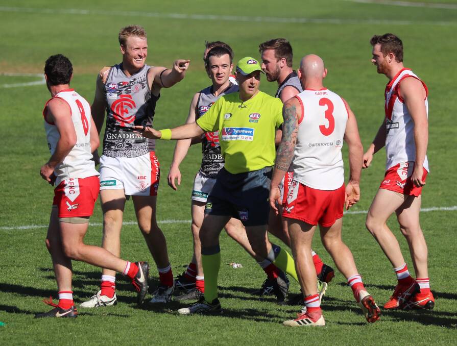 Players from Collingullie-Glenfield Park and Griffith square off in last year's Riverina League grand final.