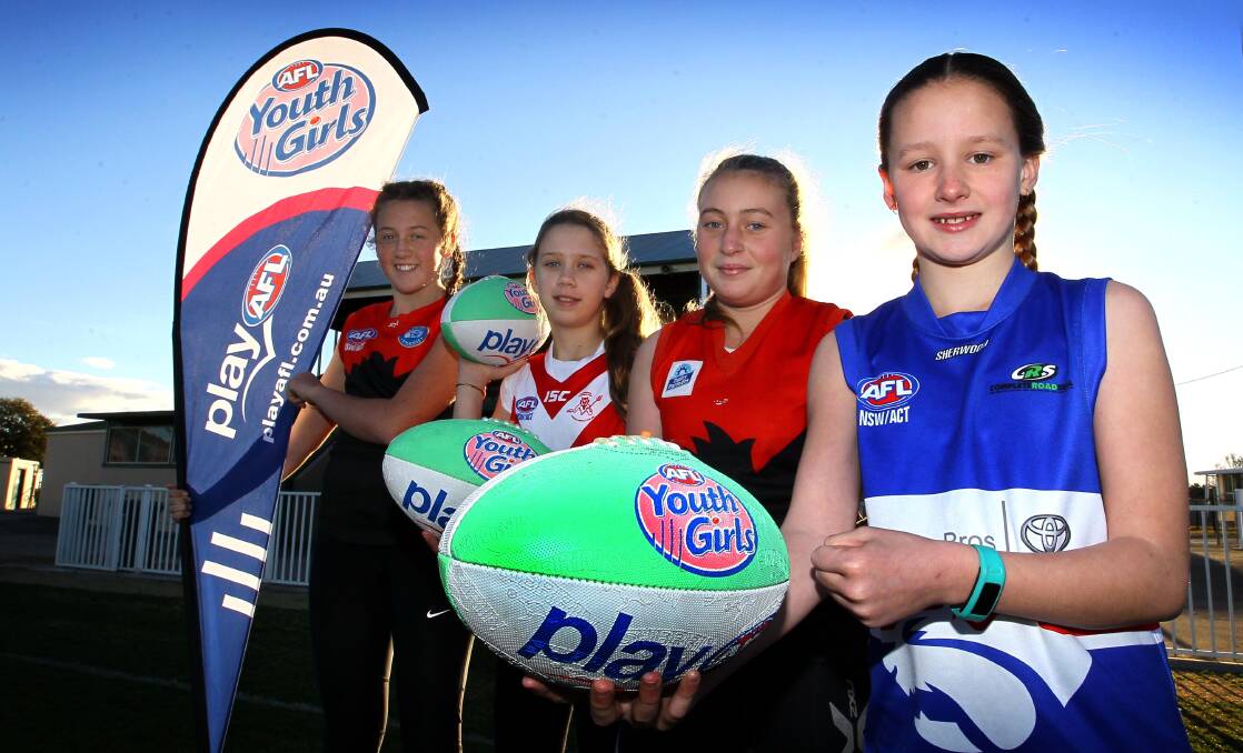 EXCITING TIMES: Wagga Swans' Lilly Buchanan, 14, Collingullie-Glenfield Park's Lilli Cool, 12, Wagga Swans' Abbey Bourke, 13, and Turvey Park's Maggie Hallcroft, 11, can't wait for the new competition. Picture: Les Smith