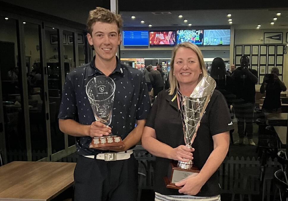 Isaac Molloy and Melanie Cramp show off their silverware after taking out the City of Wagga Open at Wagga Country Club on Sunday. Picture supplied