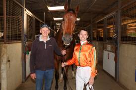 Experienced Wagga trainer Tim Donnelly and accomplished jockey Danny Beasley with Cliff House ahead of Friday's Wagga Gold Cup tilt. Picture by Les Smith