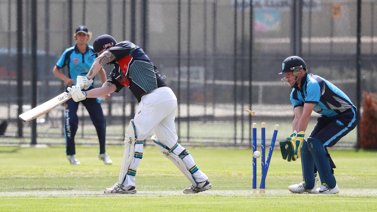 DEATH RATTLE: Saint Michaels' David Garness is clean bowled by Joel Robinson as South Wagga keeper Brayden Ambler looks on during Saturday's game at Geoff Lawson Oval. Picture: Les Smith