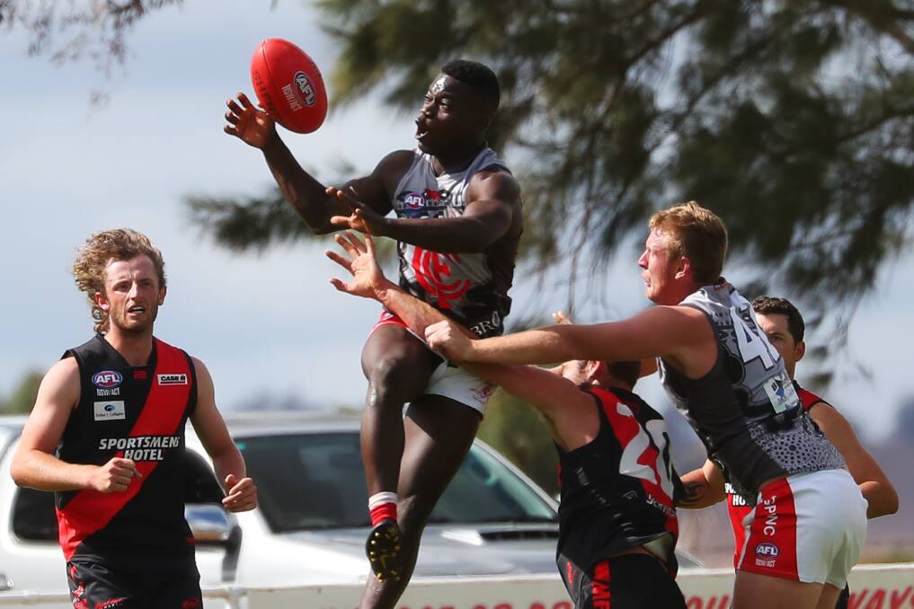 HIGH FLYER: Returning Collingullie-Glenfield Park player James Demby in action against Marrar at Crossroads Oval on Saturday. Picture: Emma Hillier