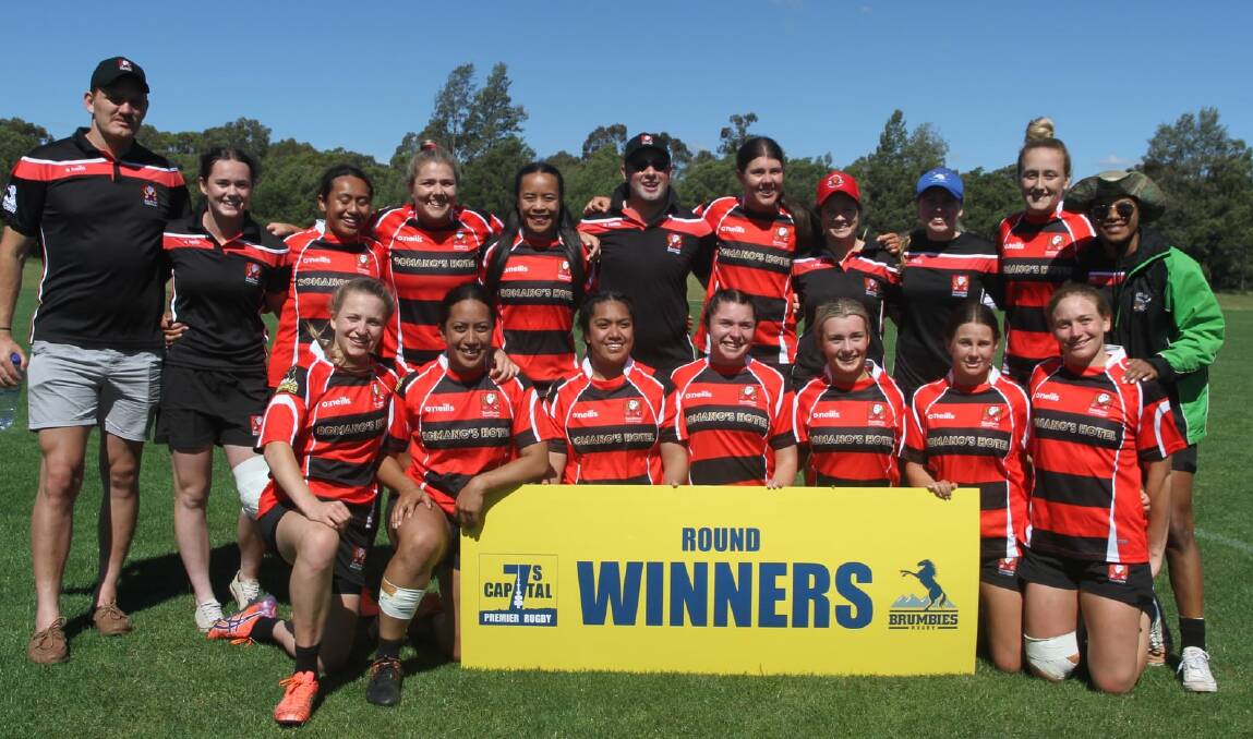 STRONG START: The Southern Inland Rugby Union (SIRU) women's team celebrate their Capital Sevens round win in Canberra on Saturday.