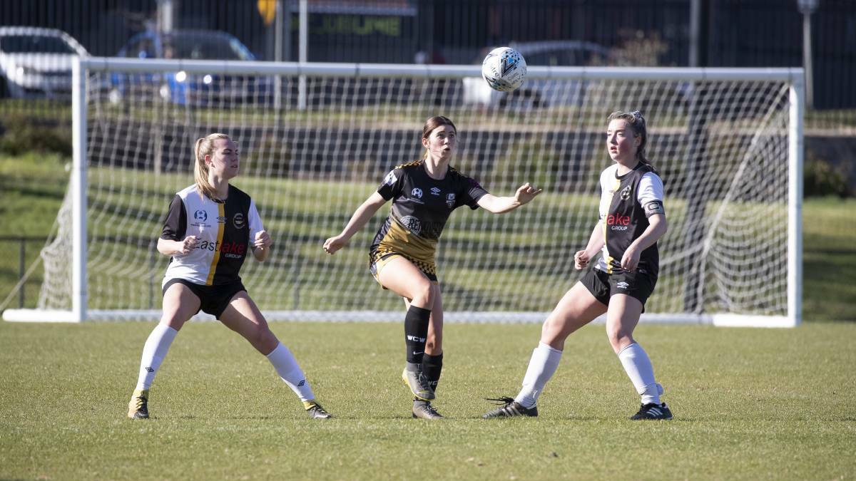 UNDER THE PUMP: Wagga City Wanderers' Piper Lockley-Hinschen in action against Gungahlin United in Canberra on Sunday. Picture: Sitthixay Ditthavong 