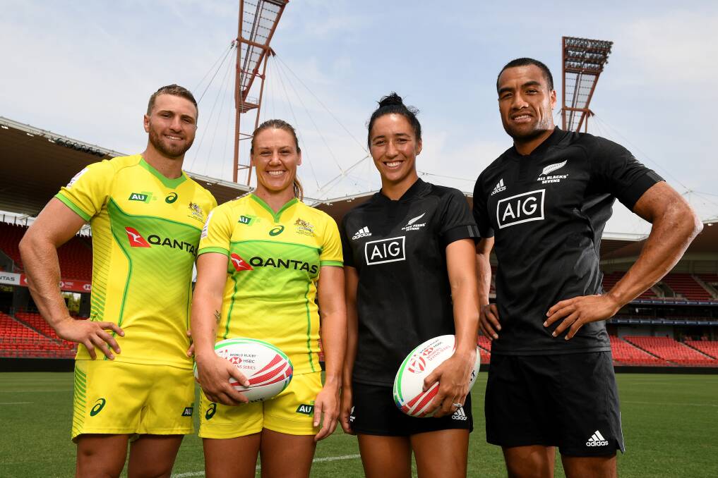 SHOWTIME: Australian rugby sevens captains Lewis Holland and Sharni Williams along with New Zealand captains Sarah Hirini and Sione Molia at Spotless Stadium on Wednesday. Picture: AAP