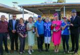 At the presentation of the Leeton Cup is Leeton Jockey Club treasurer, John Gavel, LJC president Grant Fitzsimon, CopRice sales and marketing support, Gail Campbell, Helen Dalton MP, Chris Davis, trainer, Brittany Button, jockey, Sussan Ley MP, Dimity Davis, and Cr Tony Reneker. Picture by Kim Woods