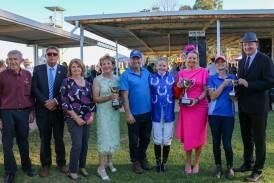 At the presentation of the Leeton Cup is Leeton Jockey Club treasurer, John Gavel, LJC president Grant Fitzsimon, CopRice sales and marketing support, Gail Campbell, Helen Dalton MP, Chris Davis, trainer, Brittany Button, jockey, Sussan Ley MP, Dimity Davis, and Cr Tony Reneker. Picture by Kim Woods