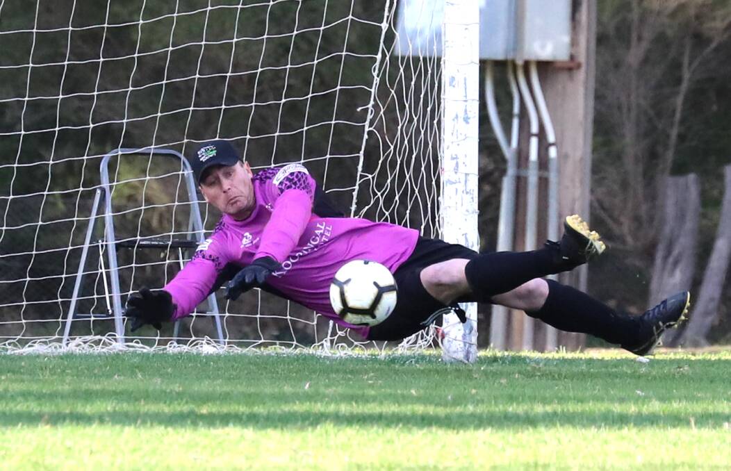 IN DOUBT: Henwood Park keeper Nathan Trinder in action last season. He looks set to miss Sunday's game against Leeton United with an ankle injury. Picture: Les Smith