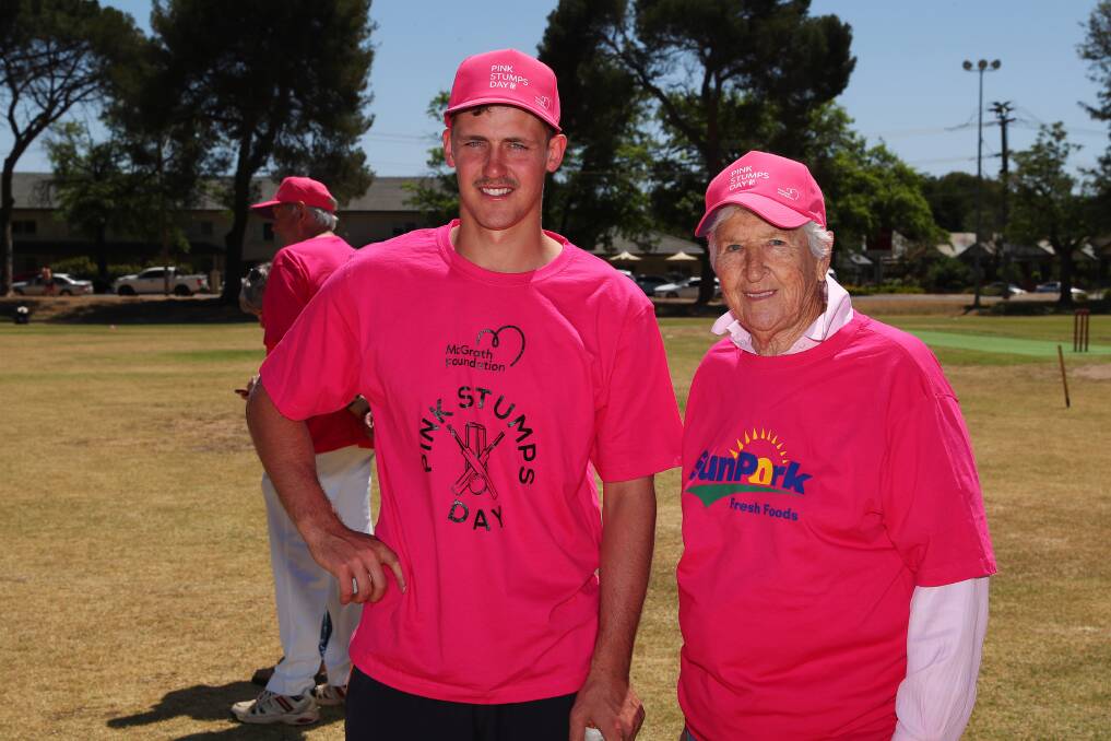 ENJOYING HIS BREAK: Collingullie's Harry Perryman catches up with swimming legend Dawn Fraser at a charity cricket game in Wagga last weekend. Picture: Emma Hillier