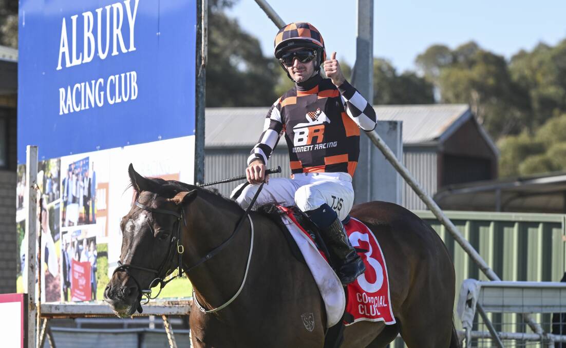 Tyler Schiller gives the thumbs up after winning the Albury Gold Cup aboard Fawkner Park back in March. Picture by The Border Mail