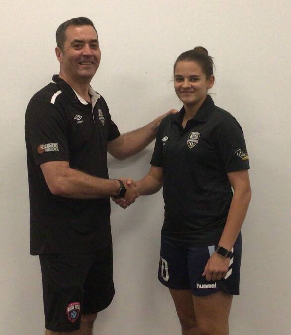 BACK ON BOARD: Wagga City Wanderers women's coach Sam Gray welcomes Christina Grauer-Kompos back to the club. 