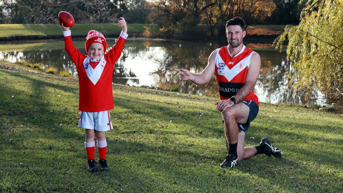 HOORAY: Five-year-old Auskicker Mason Absolum and his dad Ben, an experienced Collingullie-Glenfield Park footballer, at Jubilee Park on Wednesday. Picture: Les Smith
