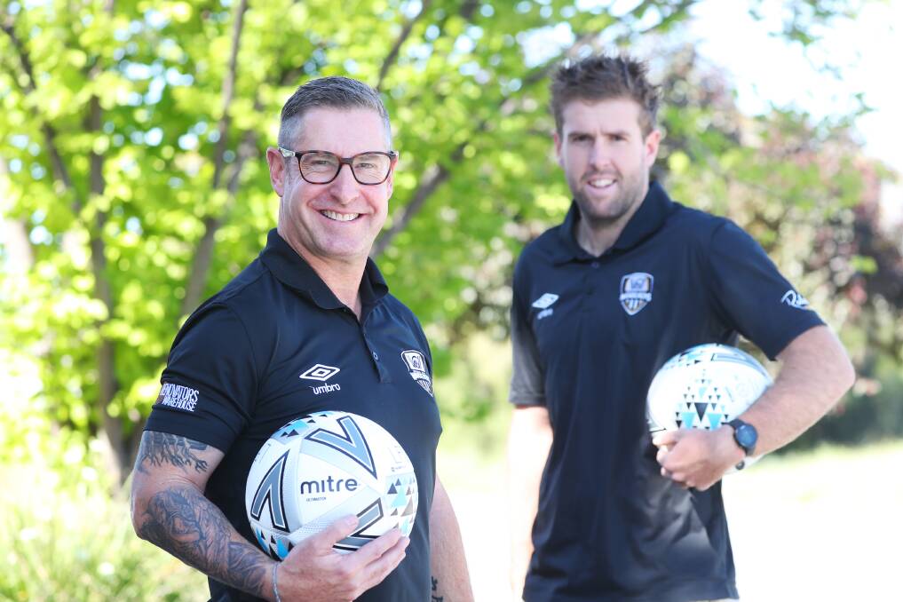 LEARNING CURVE: Wagga City Wanderers coach Dave Leonard (left), with under 23s coach Liam Dedini. The Wanderers are holding off announcing their squads for the upcoming season. 