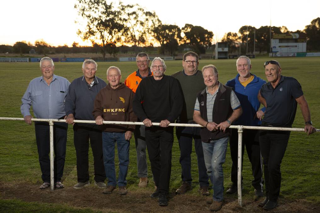 PREMIERSHIP HEROES: East Wagga premiership heroes of 1972 Bob Hilton, Max Sanbrook and Jimmy Bourne, and 1982 premiership players Richie Robinson, Harold Turner, Tim Gooden, Graham Lovell, Danny Galvin and Chris Chamberlain ahead of the reunion at Gumly Oval on Saturday. Picture: Madeline Begley