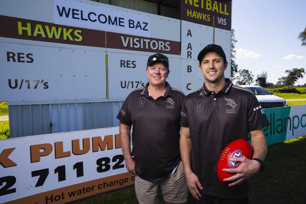 East Wagga-Kooringal official Paul Bourne welcomes Jake Barrett to Gumly Oval on Friday. Picture by Ash Smith
