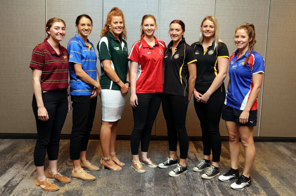 READY TO GO: GGGM's Alice Kenny, MCUE's Marie Hope, Coolamon's Claudia Barton, Collingullie-GP's Brigetta Hart, Wagga Tigers' Jess Allen and Olivia Tilyard and Turvey Park's Jenne West at the AFL Riverina season launch. Picture: Les Smith