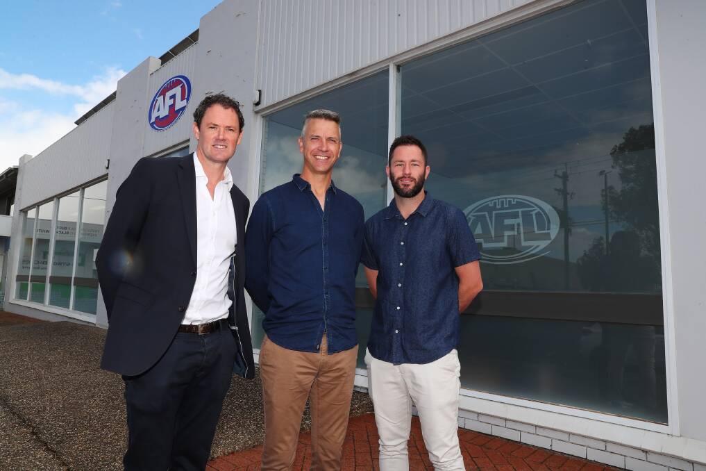 NEW HEADQUARTERS: AFL NSW-ACT chief executive Sam Graham, AFL Southern NSW and ACT regional manager Steve Mahar and AFL Southern NSW game development manager Marc Geppert outside the new AFL office in Wagga on Monday. Picture: Emma Hillier