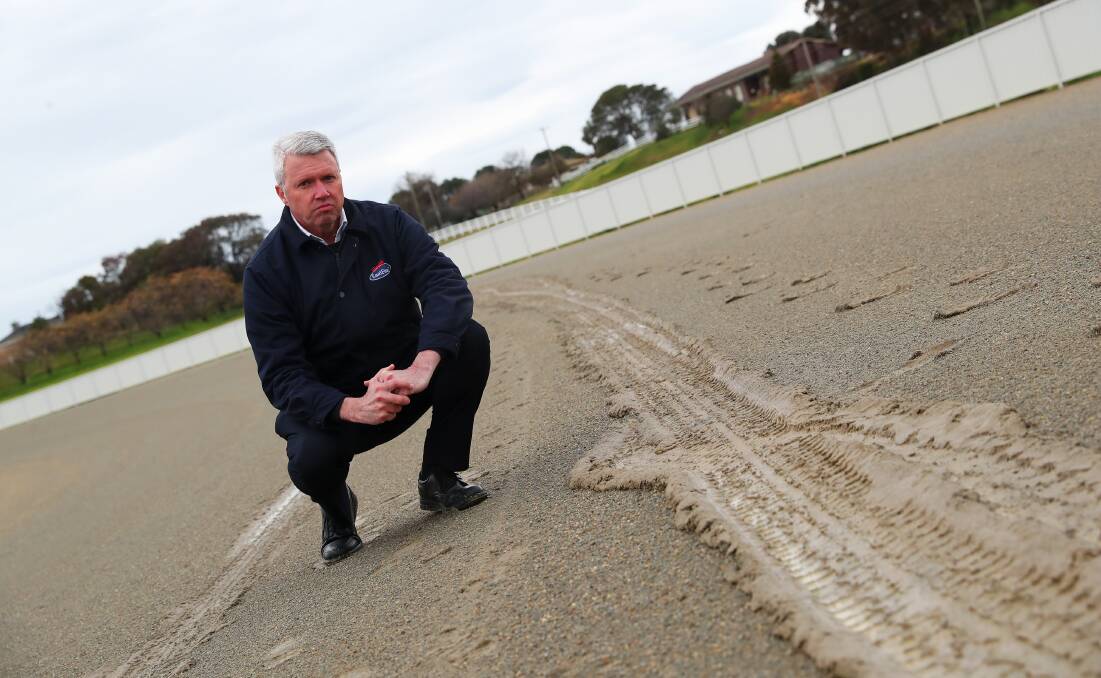 Graeme White shows off the wet surface at Riverina Paceway back in August. 