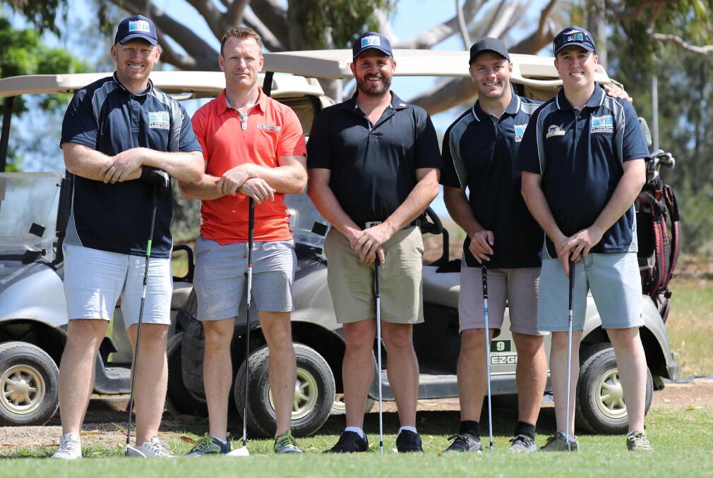 DAY OUT: Andrew Webster, Tom Devjak, Jack Wicks, Blake Green and Liam Hanigan at Wagga Country Club on Friday. Picture: Les Smith