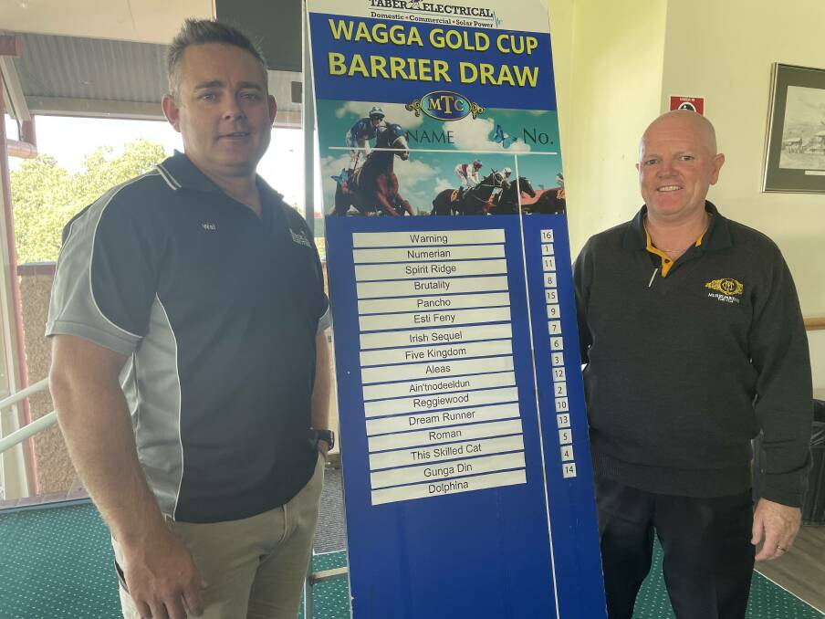 Taber Electrical's Mark Taber and Murrumbidgee Turf Club chief executive Jason Ferrario at last year's barrier draw.
