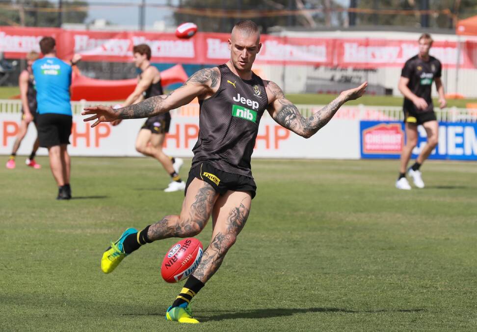 STAR POWER: Richmond champion Dusty Martin has a kick on Robertson Oval last year as part of the Tigers' trip to Wagga. Picture: Les Smith