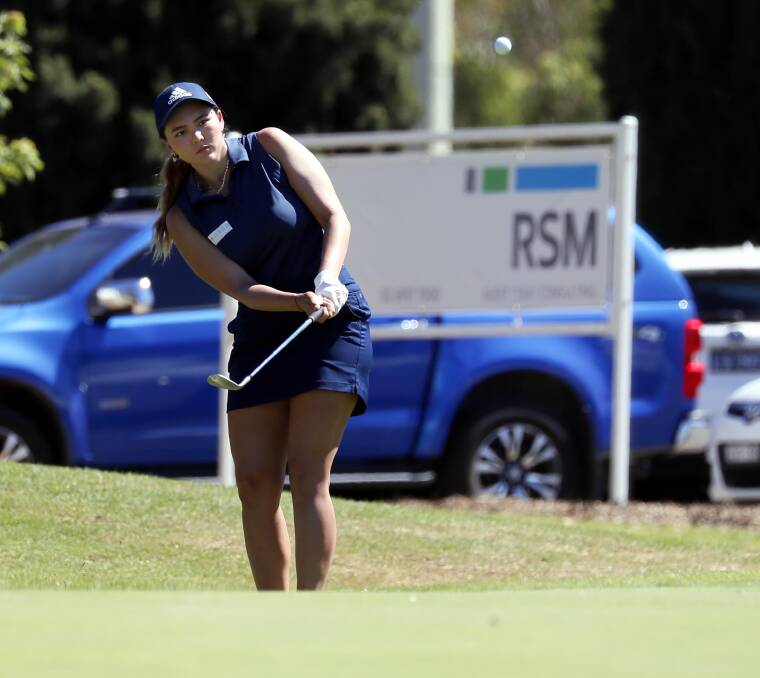 Gold Coast golfer Sarah Yamaki Branch chips onto the ninth hole during the inaugural Wagga Ladies Pro-Am earlier this year. The ninth will be the scene of the finish to the NSW Open Regional Qualifier in Wagga later this month. Picture by Les Smith