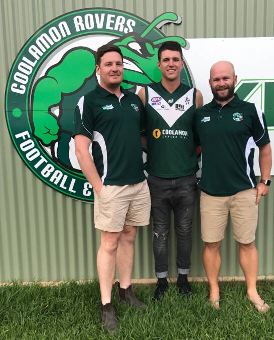 NEW HOME: New Coolamon recruit Jake Barrett with the club's coaching coordinator Mitch Robinson (left) and co-coach Jamie Maddox (right).