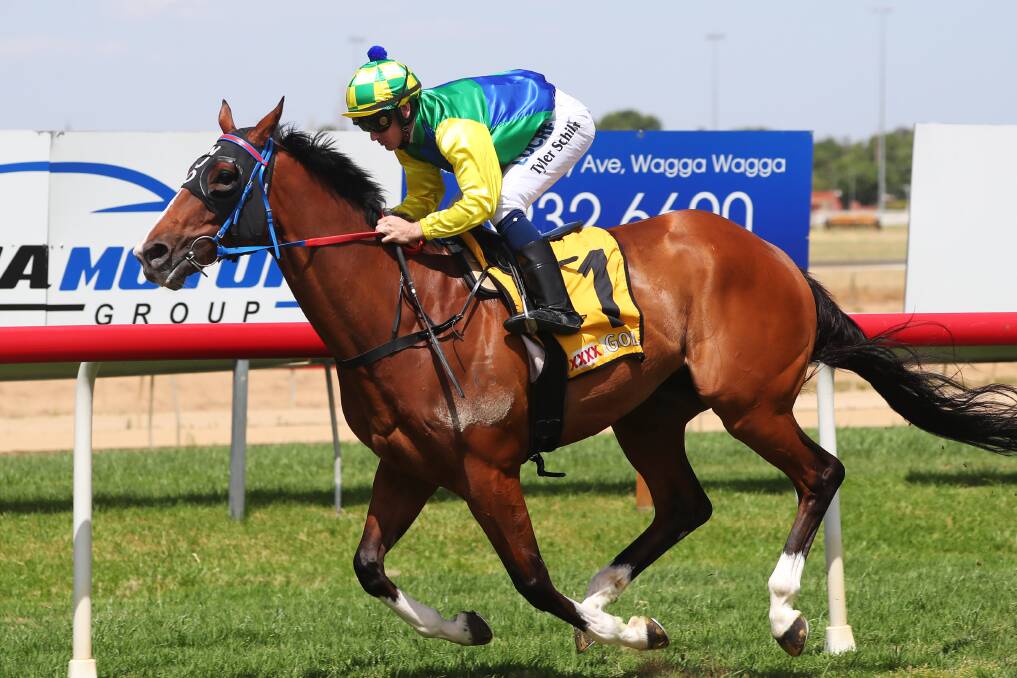 DOMINANT: Supreme Polarity, with apprentice jockey Tyler Schiller in the saddle, races away for a big victory at Wagga on Monday. Picture: Emma Hillier
