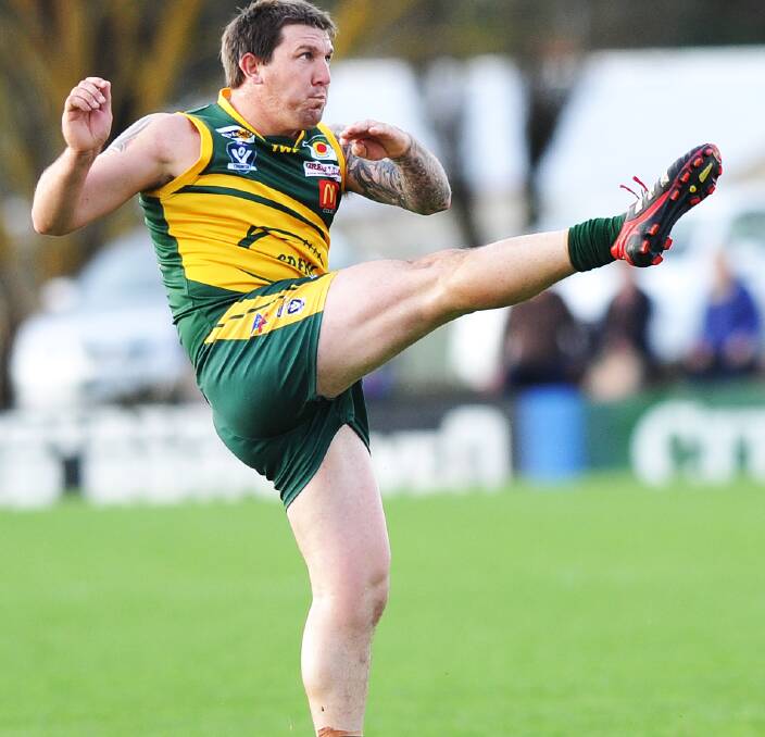 BIG COUP: Christian Kelly kicks for goal for Colac District Football League in an interleague fixture. Kelly has clearance to join Farrer League club East Wagga-Kooringal. Picture: Colac Herald