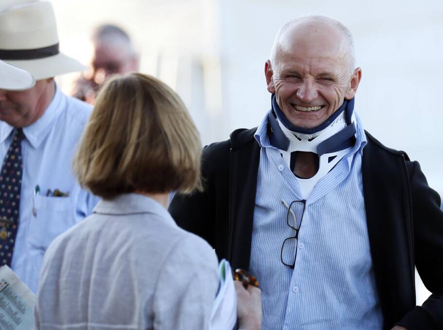 LUCKY: Wagga trainer Tim Donnelly sporting the neck brace he requires after fracturing his neck in a trackwork accident. Picture: Les Smith