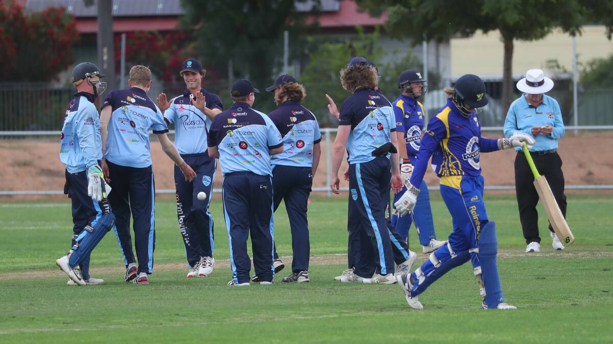 RARE SIGHT: South Wagga celebrate the wicket of Kooringal Colts batsman Hamish Starr in the opening round. Teams have not been able to play since due to the wet weather. Picture: Matt Malone