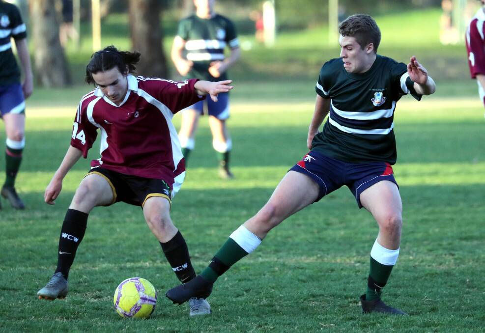 Samson Lucas (left) in action for Wagga Christian College in the Creed Shield this year. Picture: Les Smith