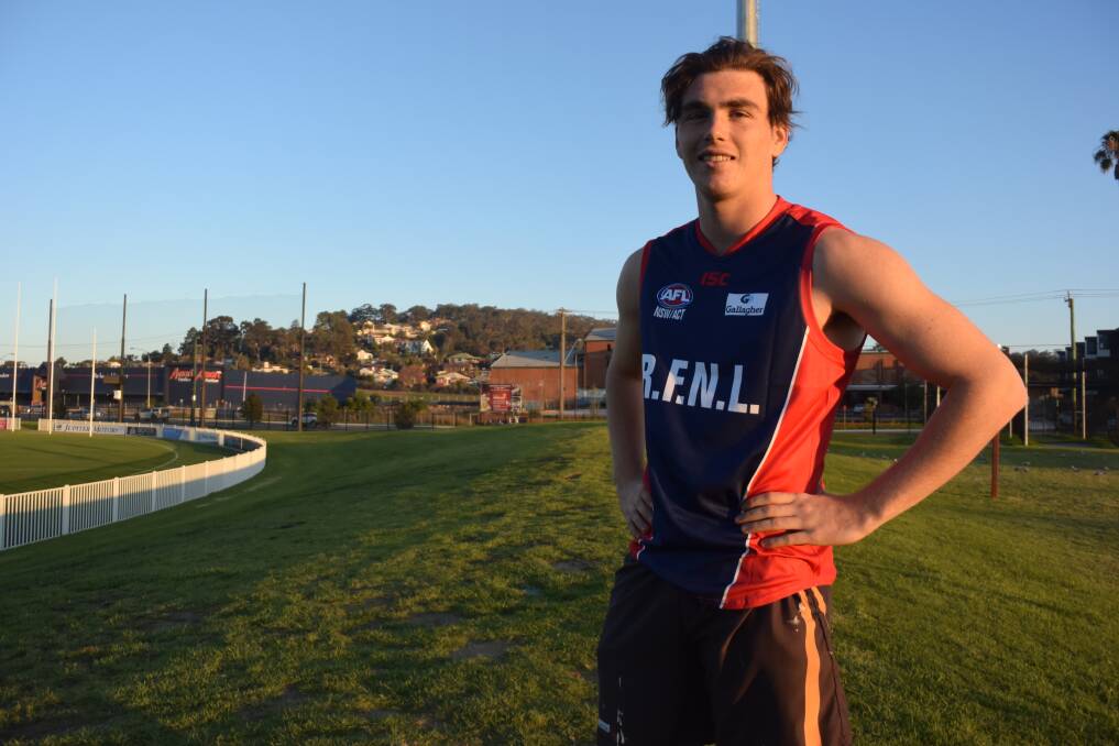 EXCITED: Coolamon teenager Liam Delahunty tries on his Riverina League jumper in Wagga on Thursday. Picture: Matt Malone