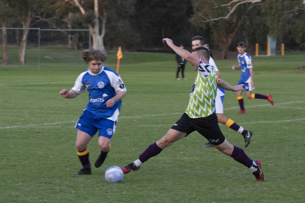 NERVOUS WAIT: Prolific South Wagga goal-scorer Nick Forsyth in action against Tolland last month. Picture: Madeline Begley