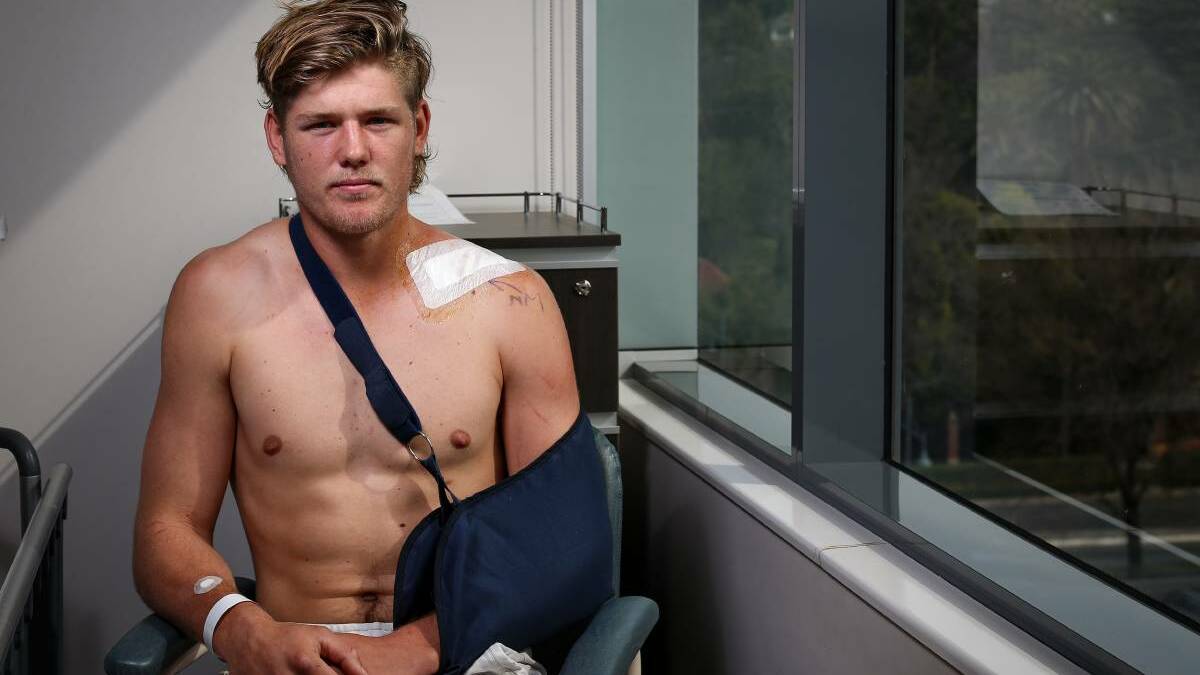 Nick Murray nurses his broken collarbone in Albury hospital. Picture: James Wiltshire