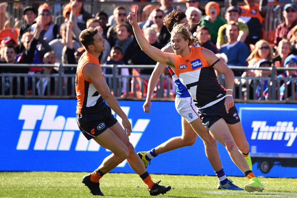 Harry Himmelberg celebrates a goal against Western Bulldogs in the elimination final. Picture: AAP