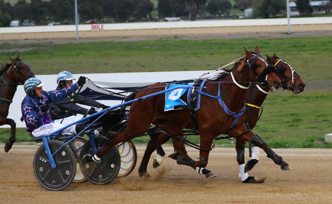 CLOSE CALL: Jack Painting gets Deekays Major (outside) ahead of good mate Blake Jones on Olinsky in the first race at Riverina Paceway on Tuesday. Picture: Emma Hillier