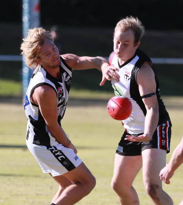 Zac Brain (left) made a guest appearance for The Rock-Yerong Creek against North Wagga on Saturday. Picture: Les Smith