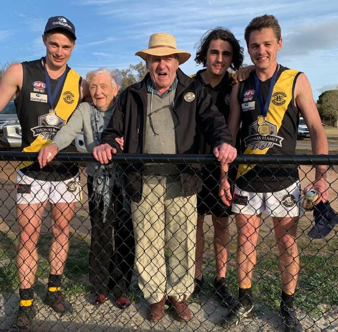 Ron Terry in his element, surrounded by family after watching his grandsons play for Wagga Tigers. 
