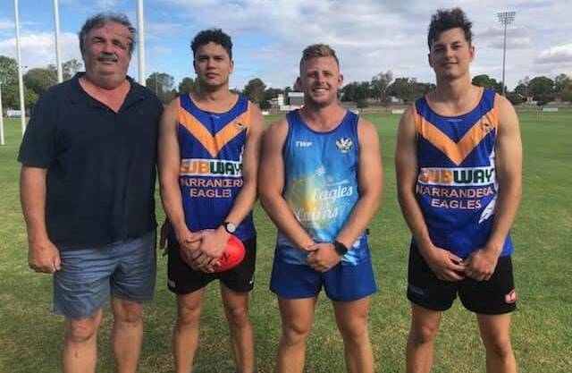ON THE UP: Narrandera president Mark Savage with new coach Jordan Hedington (second from right) and new recruits Thomas Flight and Zac Derksen.