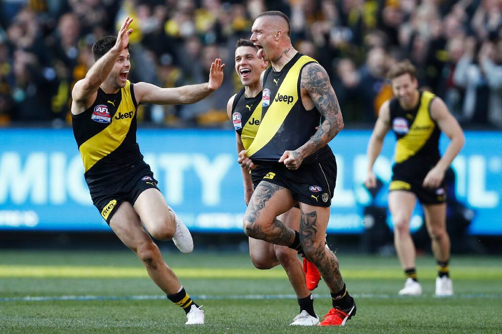 WE'RE COMING TO WAGGA: Richmond superstar Dustin Martin celebrates a goal in the Tigers' AFL grand final win over Greater Western Sydney (GWS) last month. Picture: Getty Images