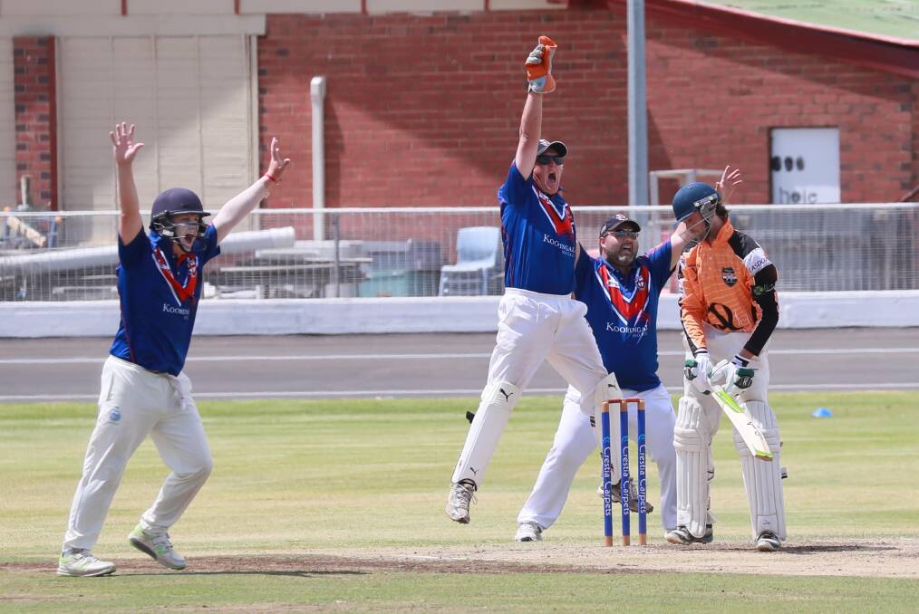 OUT: St Michaels keeper Michael Cattell leads a successful lbw shout for the wicket of Wagga RSL's Marcus Sevoir on Saturday. Picture: Les Smith