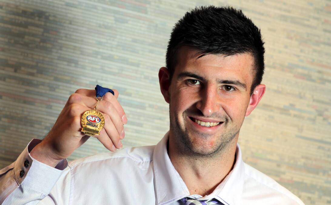 WINNER: East Wagga-Kooringal ruckman Nick Hull shows off his second Gerald Clear Medal at The Rules Club on Wednesday night. Picture: Les Smith
