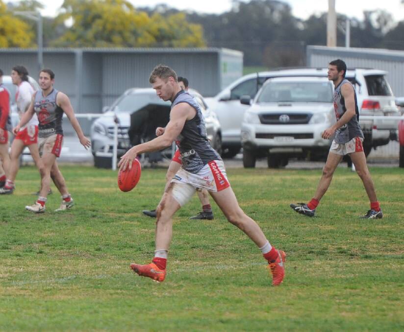 INJURED: Collingullie-Glenfield Park coach Luke Gestier in action against Griffith at Crossroads Oval. Gestier is out for the next fortnight with a hamstring injury. Picture: Matt Malone