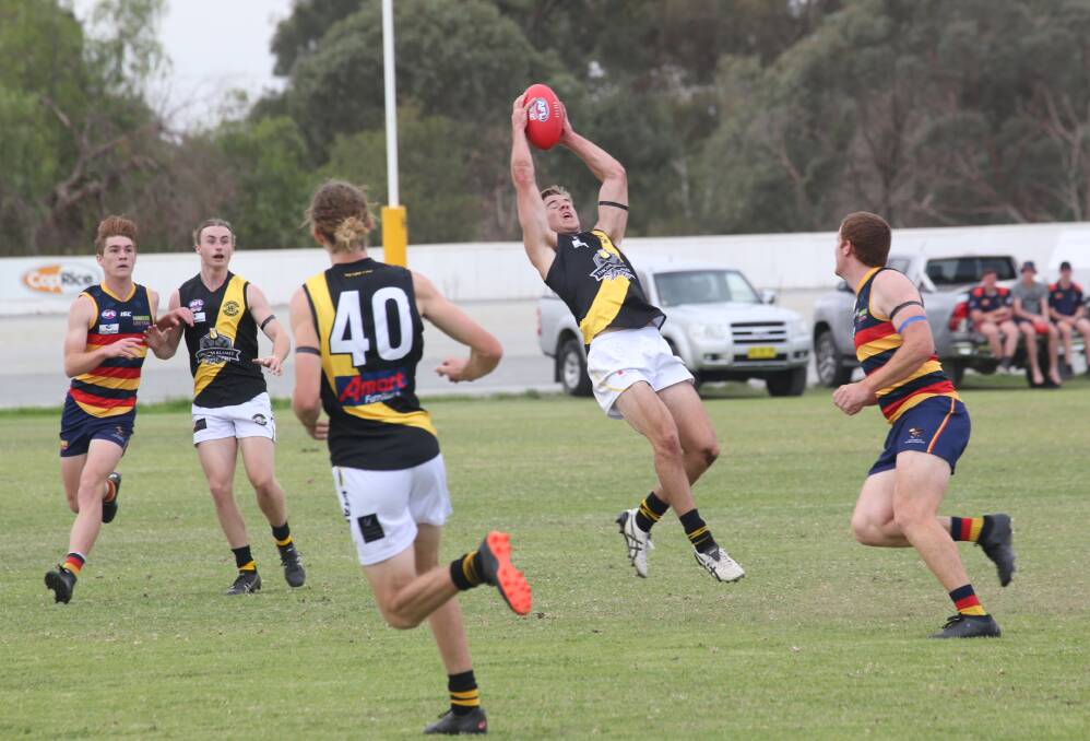 STRONG: Dylan Morton takes a mark for Wagga Tigers in his first game back at the club against Leeton-Whitton at Leeton Showground last Saturday. Picture: Anthony Stipo