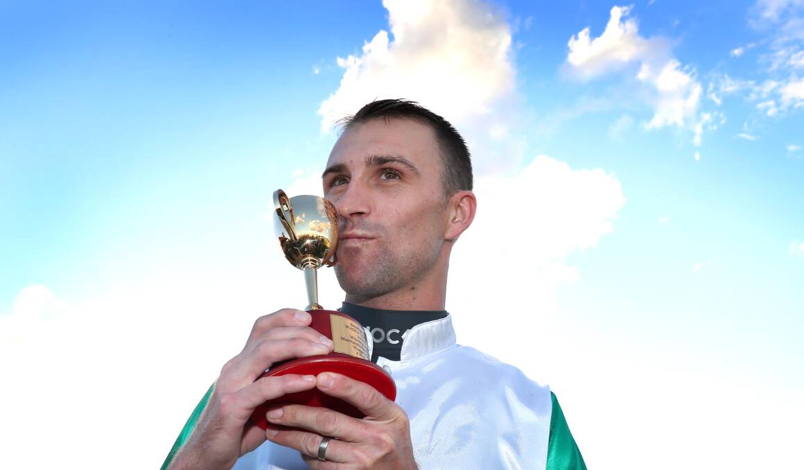 Tye Angland celebrates his Wagga Gold Cup won on Life Less Ordinary last year. Picture: Les Smith