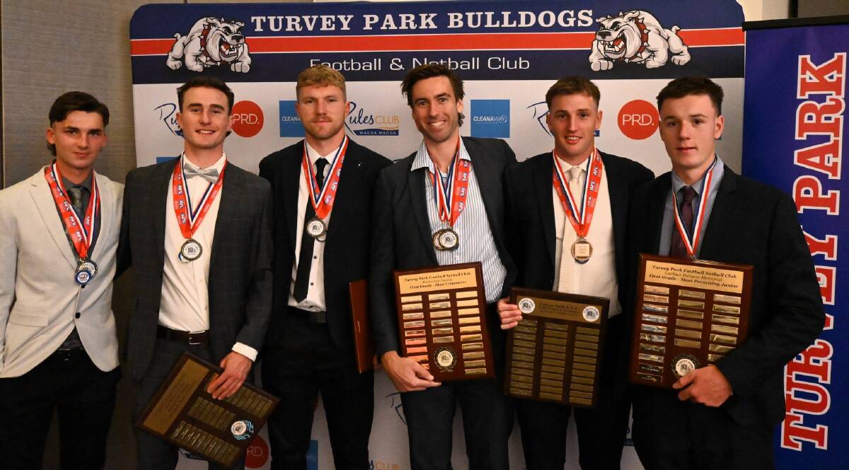 Ethan Weidemann, Luke Fellows, Andrew Emery, Antony Forato, Brad Ashcroft and Oscar Jenkins show off their spoils from Turvey Park's presentation night last Friday. Picture by Cooper Harmer