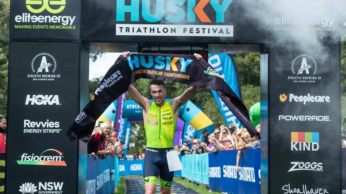 BIG VICTORY: Ganmain's Caleb Noble takes out the Australian Long Course Championship at Husky Triathon Festival on Sunday. Picture: @koruptvision
